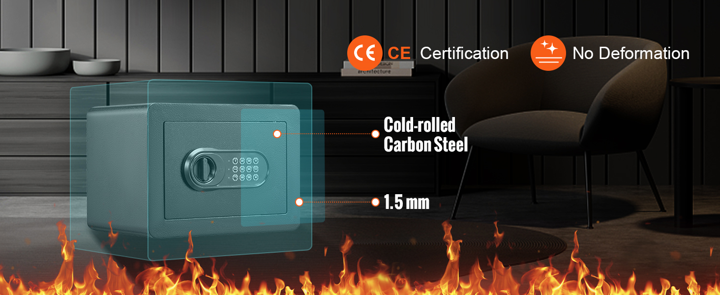 VEVOR safe, ce certified, cold-rolled carbon steel, 1.5mm, no deformation, fire-resistant design.