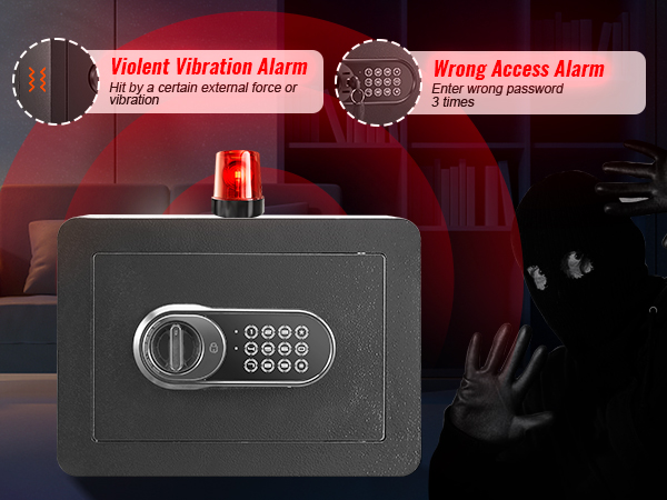 VEVOR safe with digital keypad, alarm system for wrong access and violent vibrations.
