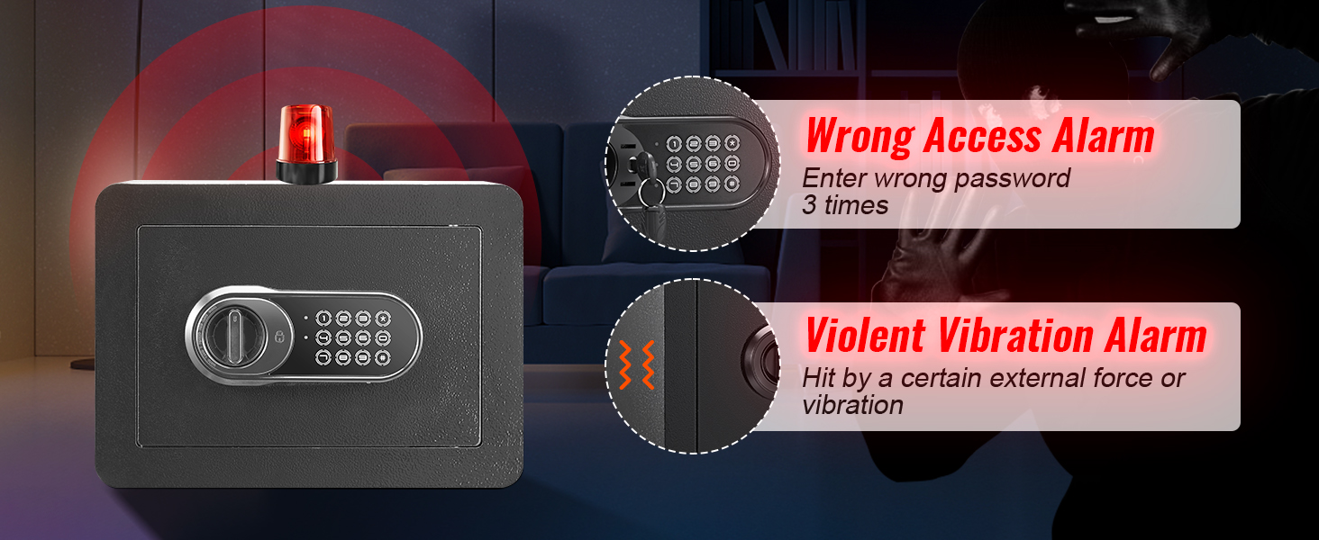 VEVOR safe with digital keypad, alarm system for wrong access and violent vibrations.