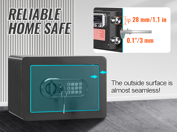 VEVOR safe features a seamless surface, numeric keypad, dual pin bolts measuring 28mm and 0.1in.