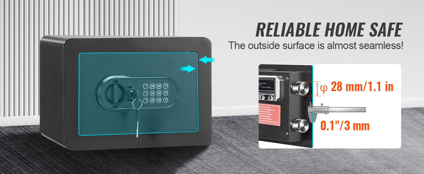 VEVOR safe features a seamless surface, numeric keypad, dual pin bolts measuring 28mm and 0.1in.