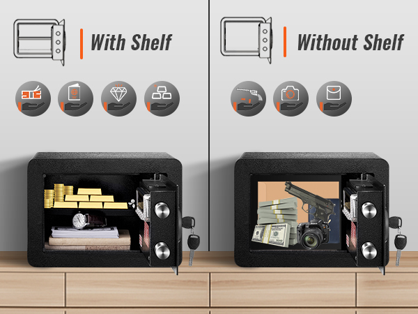 VEVOR safe with and without shelf, showcasing storage for gold bars, cash, a camera, and a gun.