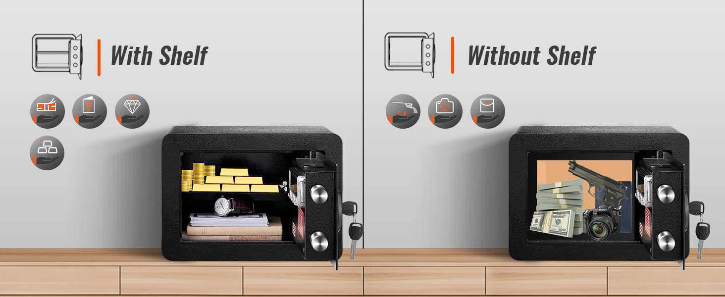 VEVOR safe with and without shelf, showcasing storage for gold bars, cash, a camera, and a gun.