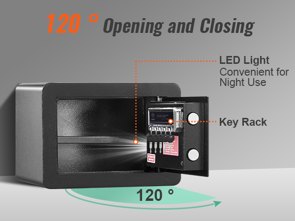 black VEVOR safe with led light, key rack, and 120-degree door opening for easy access.