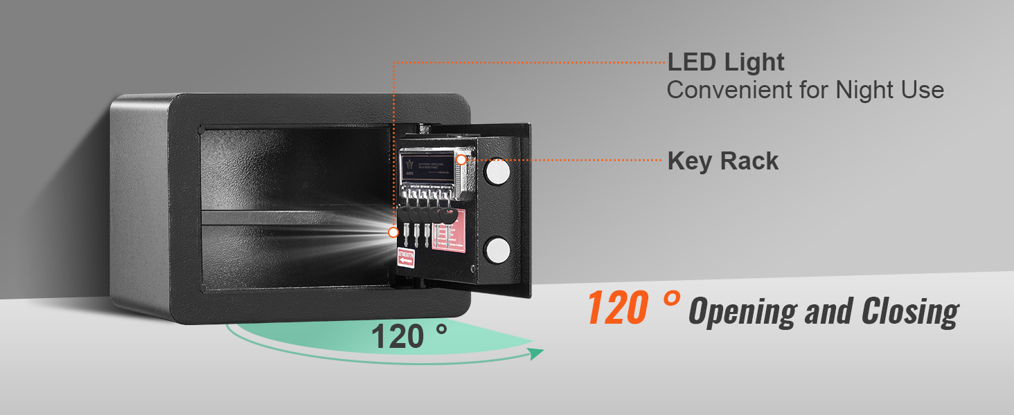 black VEVOR safe with led light, key rack, and 120-degree door opening for easy access.