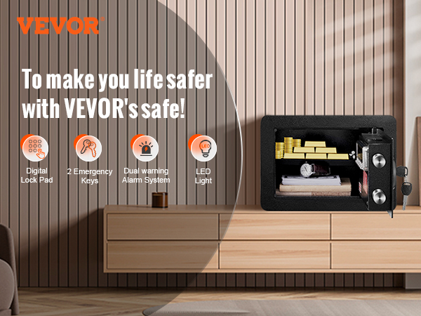 VEVOR safe with digital lock pad, emergency keys, dual alarm system, led light, storing valuables.