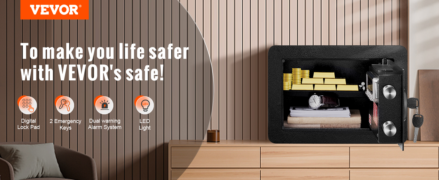 VEVOR safe with digital lock pad, emergency keys, dual alarm system, led light, storing valuables.