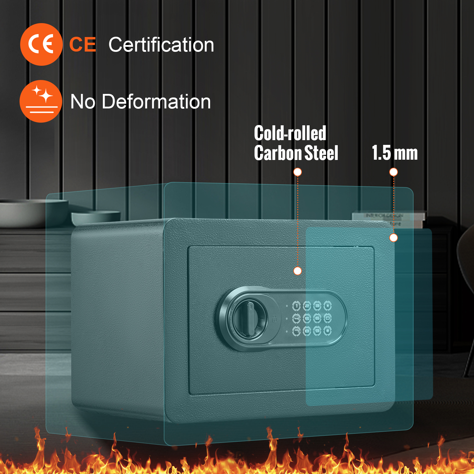 VEVOR safe with ce certification in a modern room, featuring cold-rolled carbon steel and 1.5 mm thickness.
