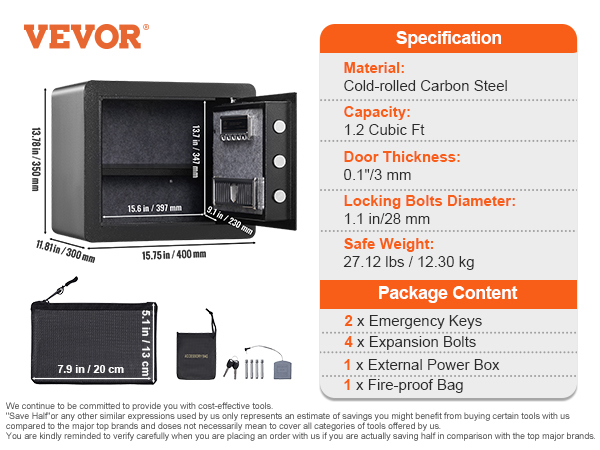 VEVOR home safe, carbon steel, 1.2 cubic ft, 27.12 lbs, includes keys, bolts, power box, and fire-proof bag.