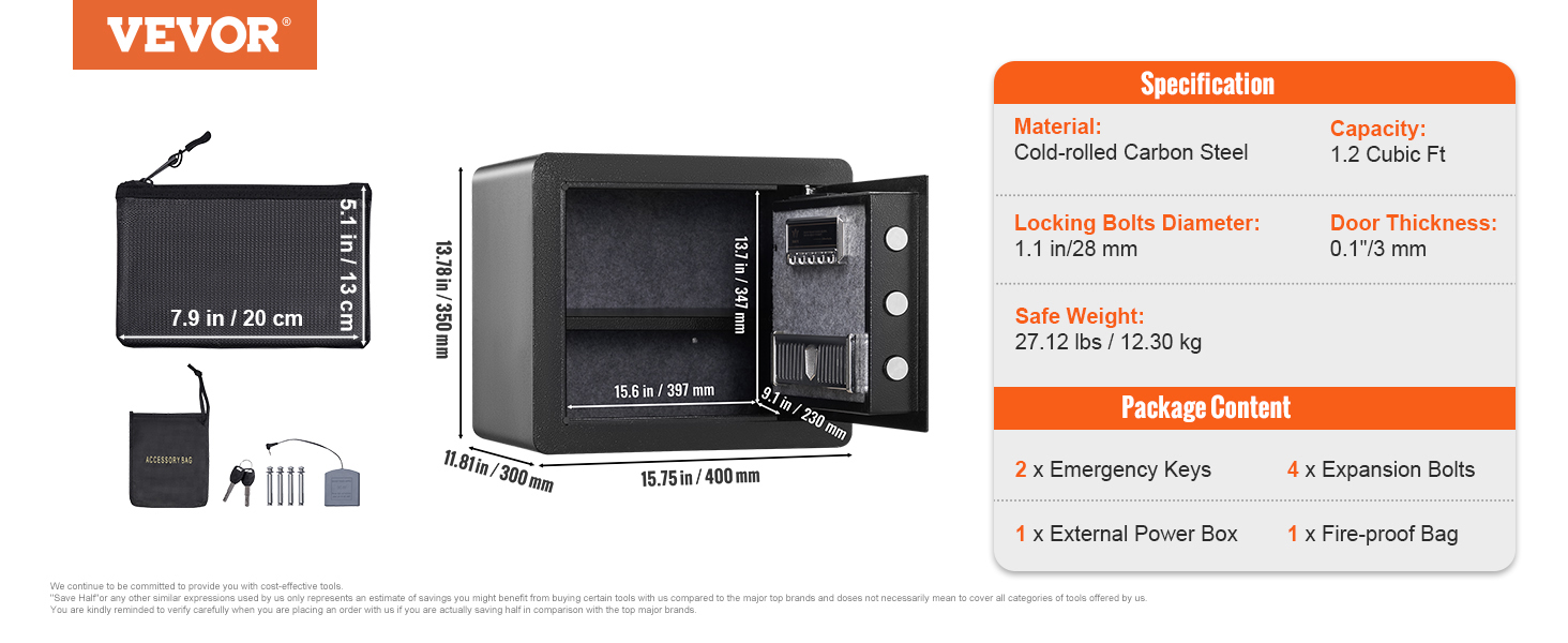 VEVOR home safe, carbon steel, 1.2 cubic ft, 27.12 lbs, includes keys, bolts, power box, and fire-proof bag.