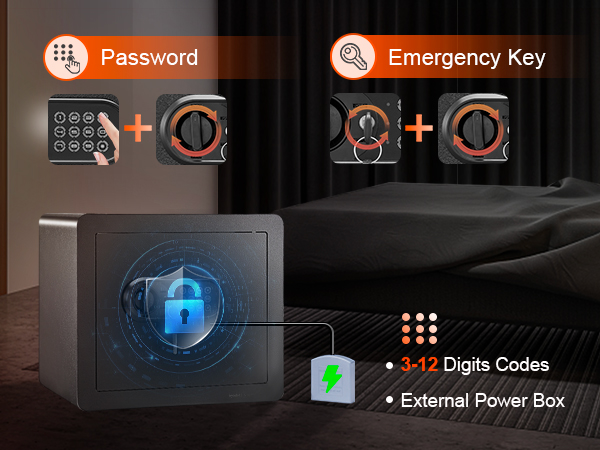 Домашний сейф VEVOR в спальне с паролем и аварийным ключом, внешним блоком питания и 3-12-значными кодами.