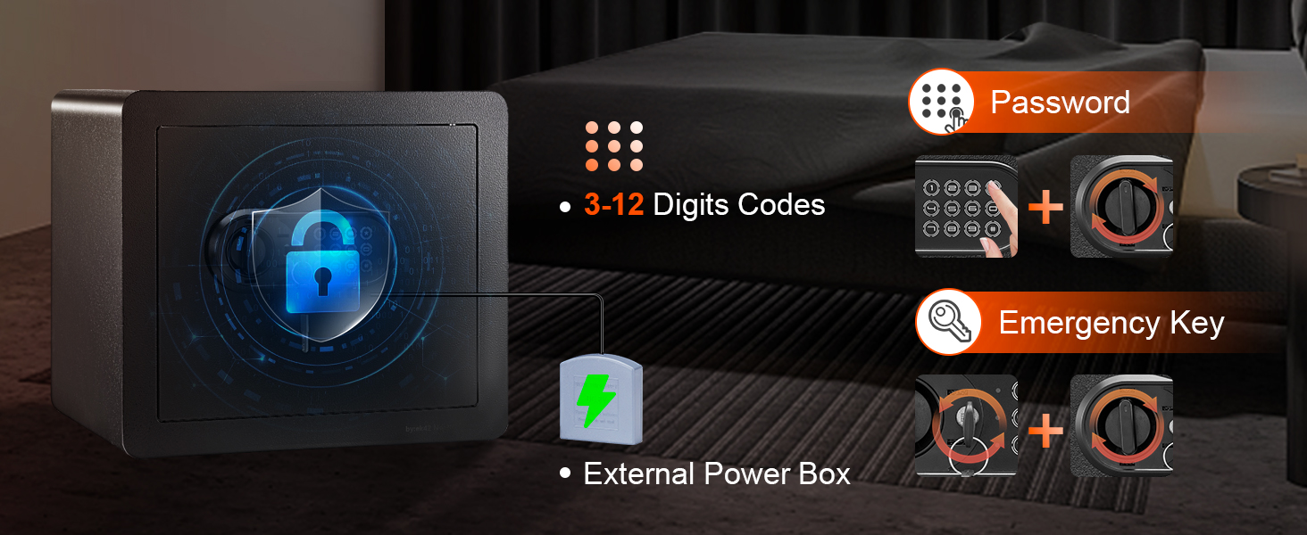 Домашний сейф VEVOR в спальне с паролем и аварийным ключом, внешним блоком питания и 3-12-значными кодами.