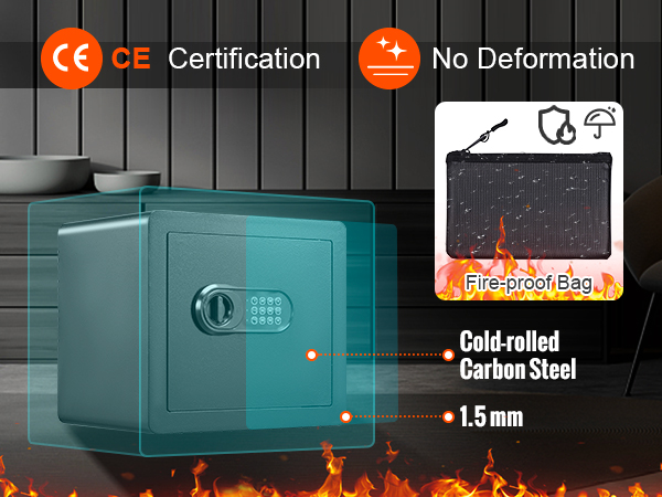 Домашний сейф VEVOR изготовлен из холоднокатаной углеродистой стали толщиной 1,5 мм с огнестойким мешком для защиты от пламени.
