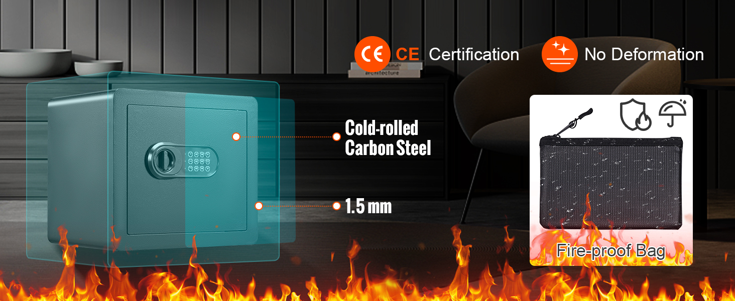 Домашний сейф VEVOR изготовлен из холоднокатаной углеродистой стали толщиной 1,5 мм с огнестойким мешком для защиты от пламени.