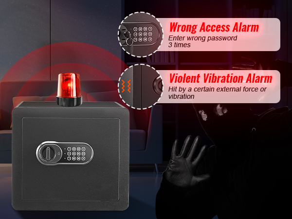 Домашний сейф VEVOR с аварийной сигнализацией о неправильном доступе и сильной вибрации, красной лампочкой оповещения, надежной блокировкой клавиатуры.