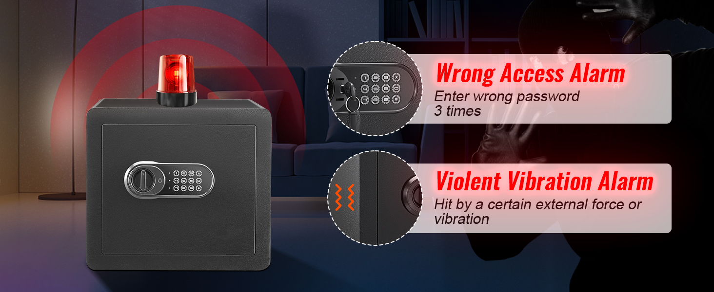 Домашний сейф VEVOR с аварийной сигнализацией о неправильном доступе и сильной вибрации, красной лампочкой оповещения, надежной блокировкой клавиатуры.