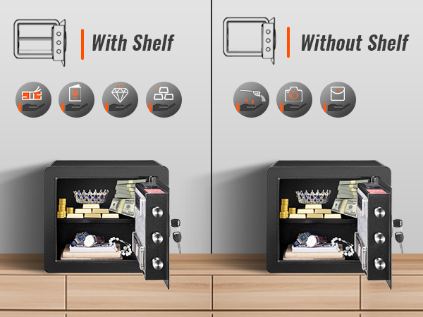 Сравнение домашних сейфов VEVOR с полкой и без нее для хранения наличных денег, ювелирных изделий, документов, фотоаппарата и пистолета.