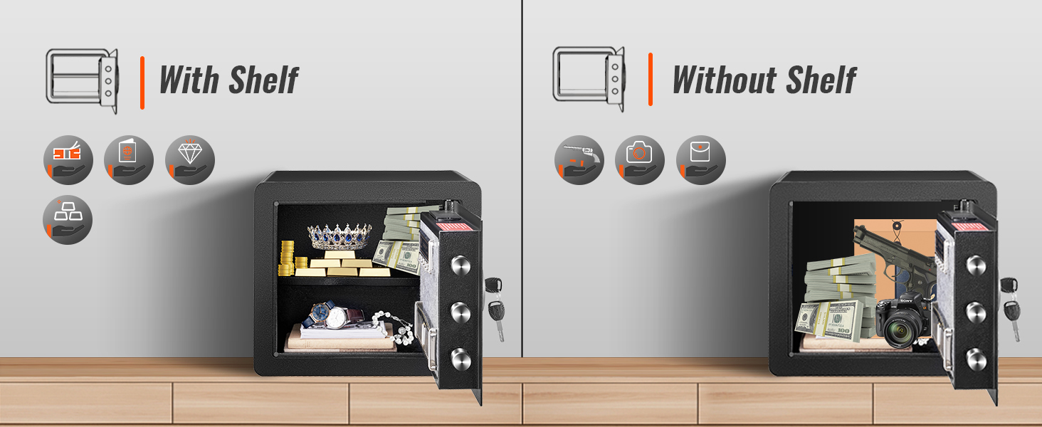 Сравнение домашних сейфов VEVOR с полкой и без нее для хранения наличных денег, ювелирных изделий, документов, фотоаппарата и пистолета.