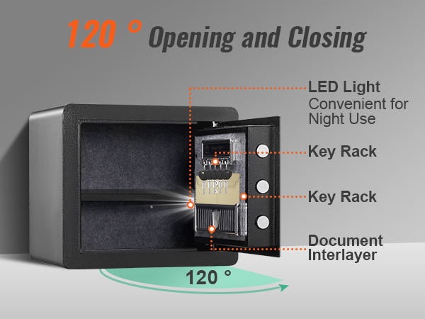 открытый домашний сейф VEVOR со светодиодной подсветкой, подставкой для ключей, фетровой подкладкой, прослойкой для документов, петлей на 120 °.
