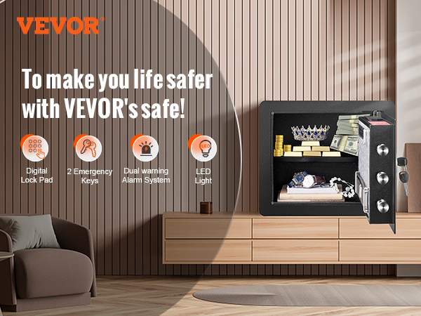 VEVOR home safe with digital lock pad, dual warning alarm, and led light, storing valuables securely.