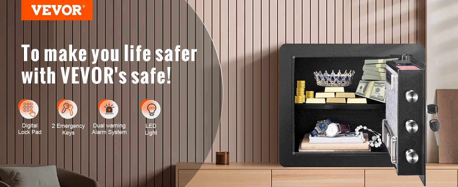 VEVOR home safe with digital lock pad, dual warning alarm, and led light, storing valuables securely.