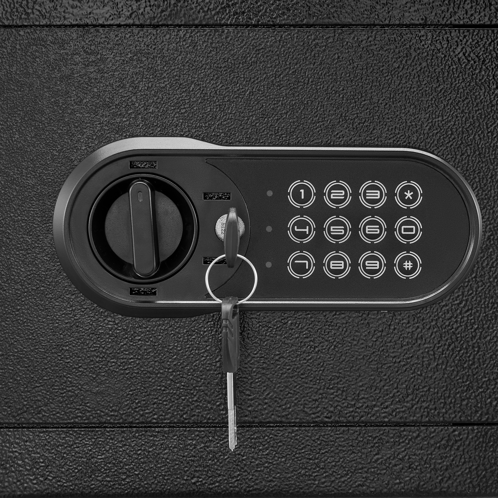 black VEVOR home safe with keypad, key lock, and textured surface.