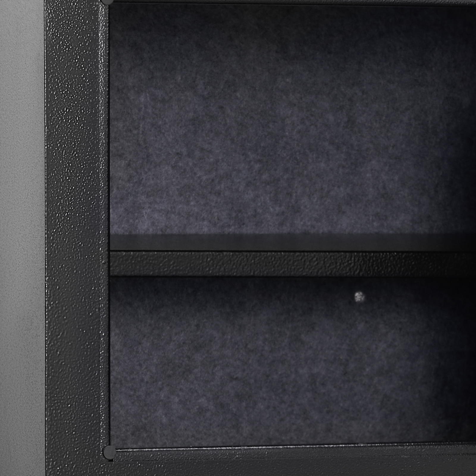 VEVOR home safe, close-up of interior with shelf and textured black frame.