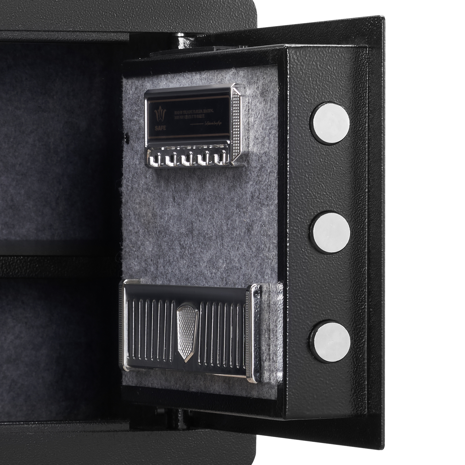 open VEVOR home safe with secure locking mechanism and carpeted interior for valuables.