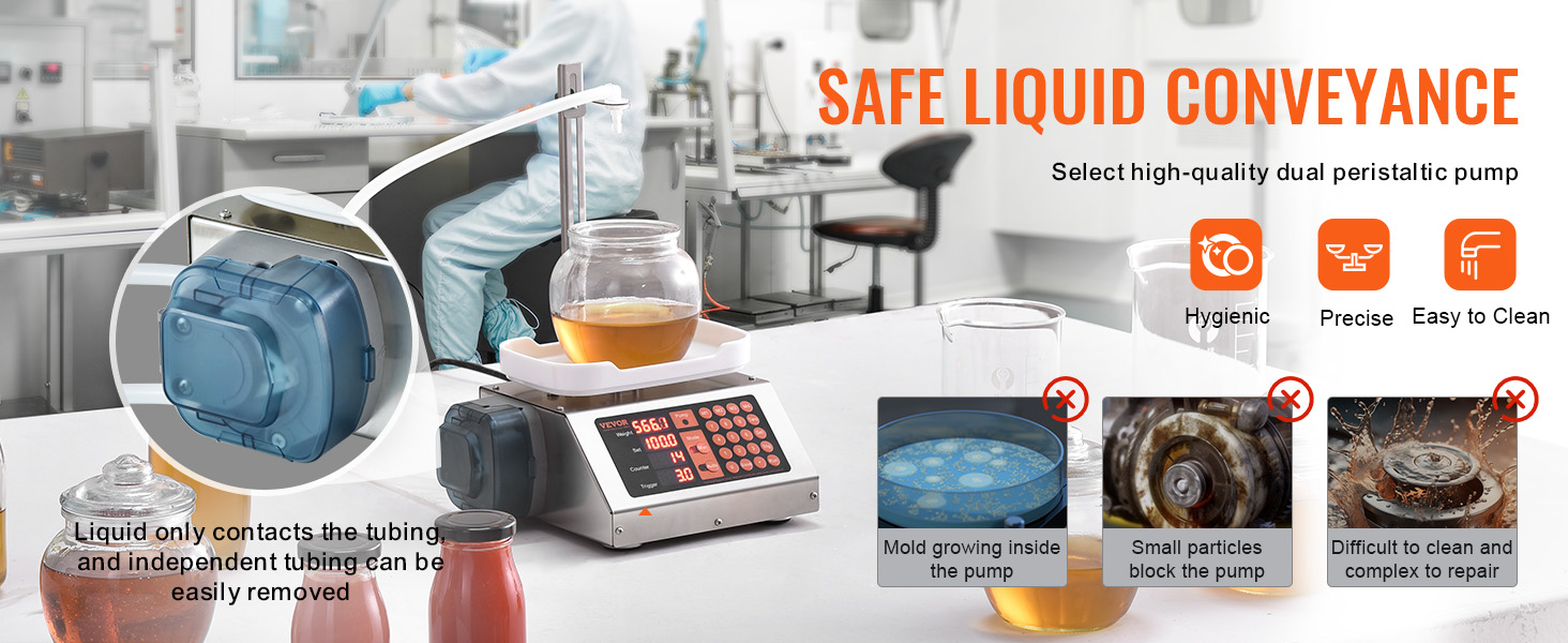 VEVOR liquid filling machine in a lab setting, emphasizing hygiene, precision, and ease of cleaning.