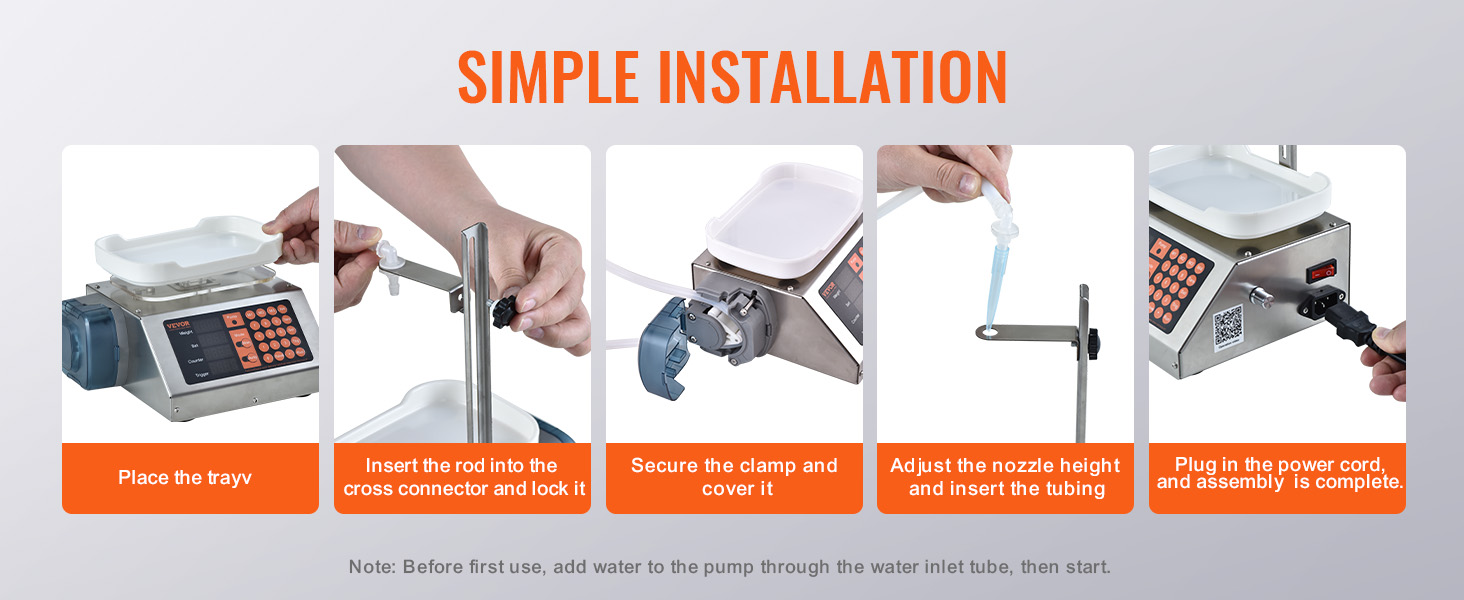 VEVOR liquid filling machine installation steps: place tray, insert rod, secure clamp, adjust nozzle, plug in.