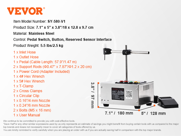 VEVOR liquid filling machine sy-580-v1 with stainless steel body, pedal switch, and various accessories.