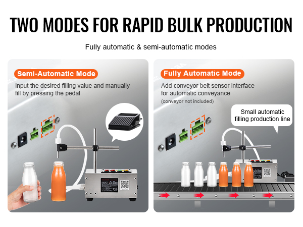 two modes for rapid bulk production: VEVOR liquid filling machine, fully automatic and semi-automatic modes.