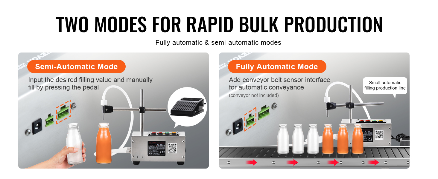 two modes for rapid bulk production: VEVOR liquid filling machine, fully automatic and semi-automatic modes.