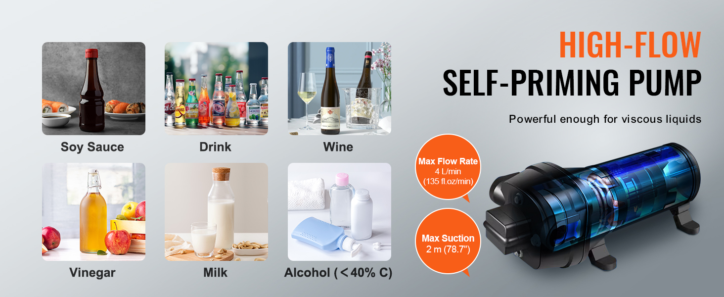 high-flow self-priming pump for soy sauce, drink, wine, vinegar, milk, and alcohol with VEVOR liquid filling machine.