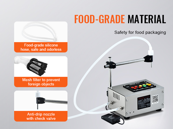 food-grade material VEVOR liquid filling machine with silicone hose, mesh filter, and anti-drip nozzle.
