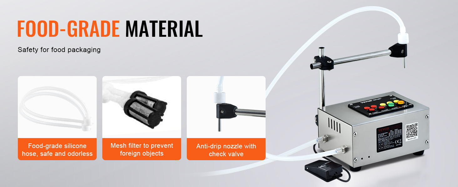 food-grade material VEVOR liquid filling machine with silicone hose, mesh filter, and anti-drip nozzle.