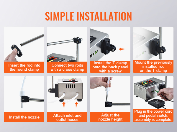 VEVOR liquid filling machine simple installation guide with steps to assemble and connect components.