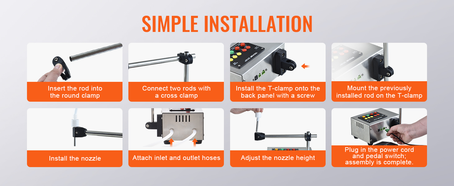 VEVOR liquid filling machine simple installation guide with steps to assemble and connect components.
