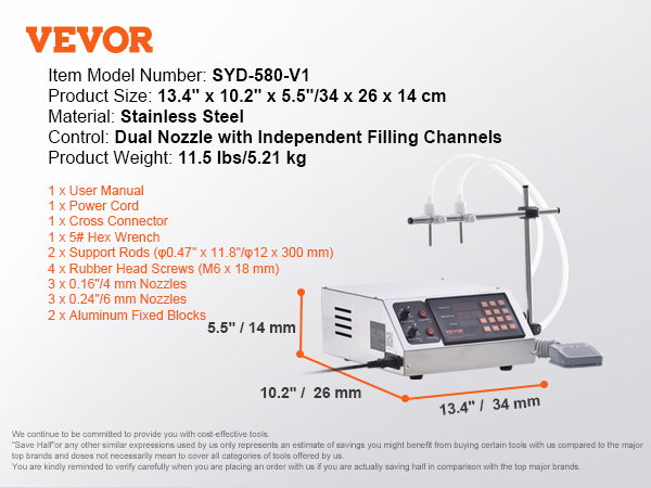 VEVOR liquid filling machine syd-580-v1, stainless steel, dual nozzle, 34x26x14 cm, 5.21 kg.