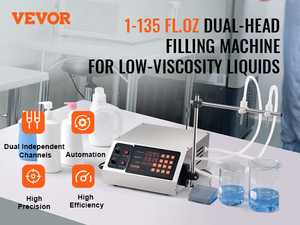 VEVOR liquid filling machine, dual-head, 1-135 fl.oz, for low-viscosity liquids, ideal for automation.