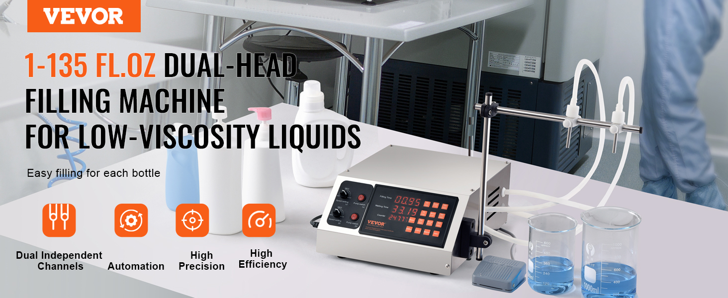 VEVOR liquid filling machine, dual-head, 1-135 fl.oz, for low-viscosity liquids, ideal for automation.
