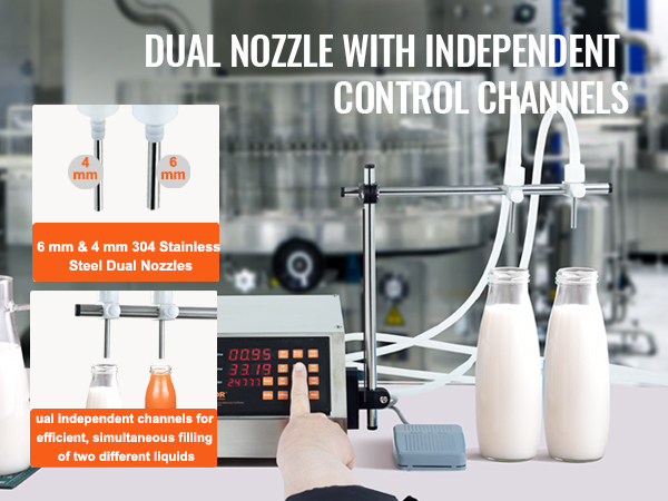 VEVOR liquid filling machine with dual nozzle and independent control channels, filling two bottles.