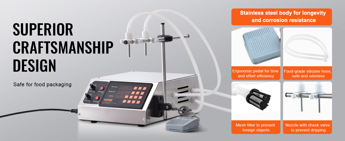 VEVOR liquid filling machine with stainless steel body, ergonomic pedal, silicone hose, mesh filter, and nozzles.