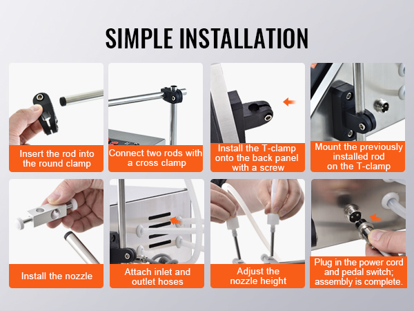 simple installation steps for the VEVOR liquid filling machine, showcasing rods, clamps, hoses, and nozzles.