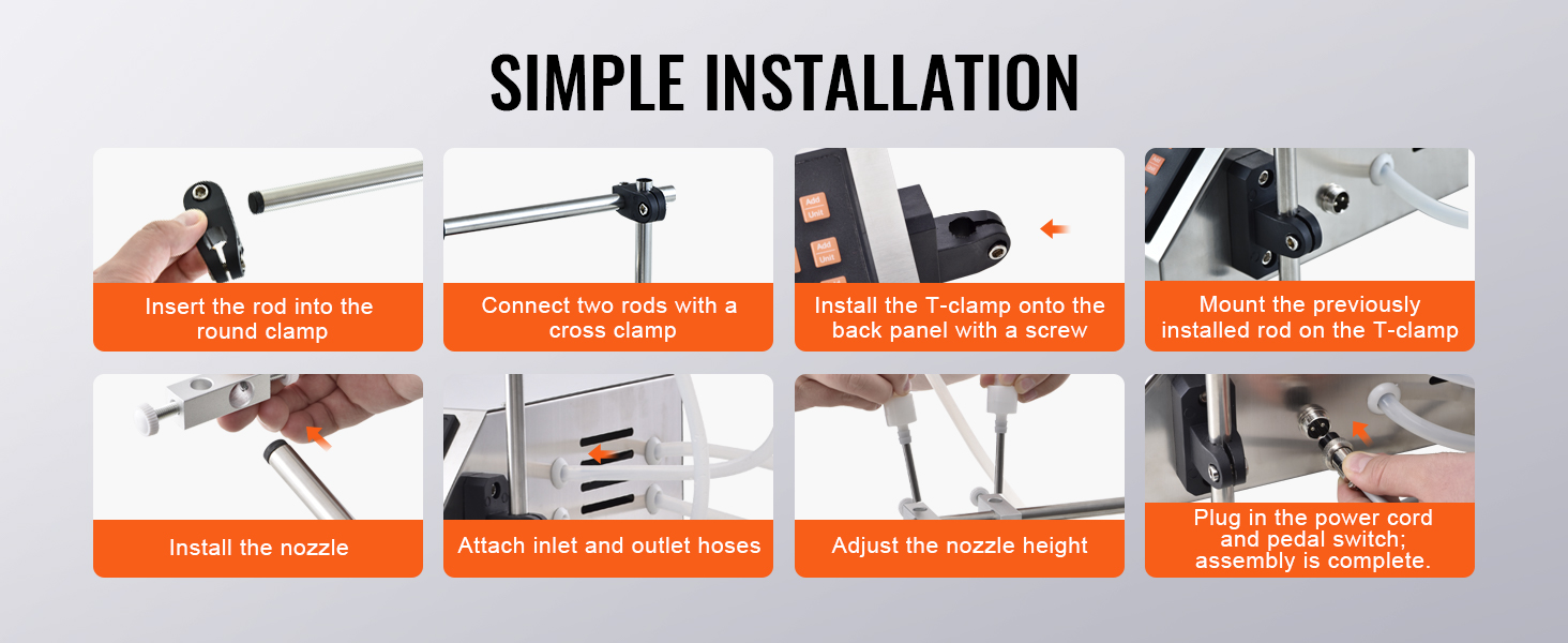 simple installation steps for the VEVOR liquid filling machine, showcasing rods, clamps, hoses, and nozzles.