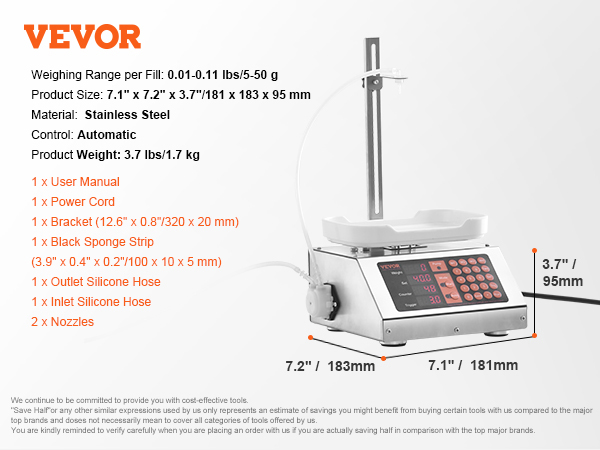 VEVOR liquid filling machine, stainless steel, automatic, dimensions: 7.1" x 7.2" x 3.7", weighing range: 0.01-0.11 lbs.
