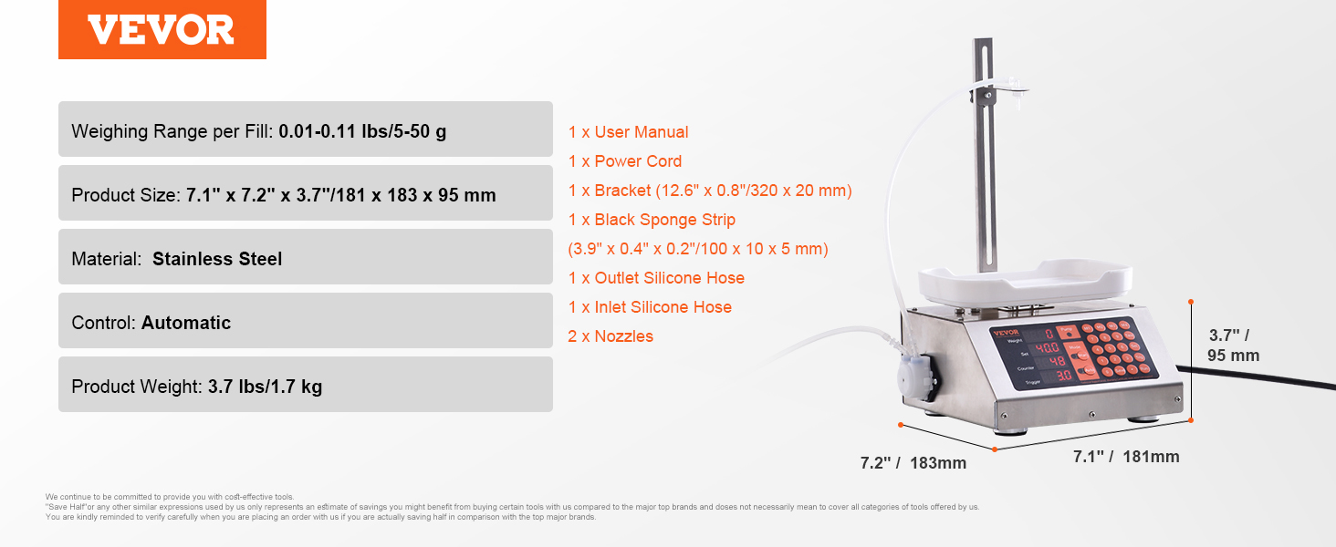 VEVOR liquid filling machine, stainless steel, automatic, dimensions: 7.1" x 7.2" x 3.7", weighing range: 0.01-0.11 lbs.