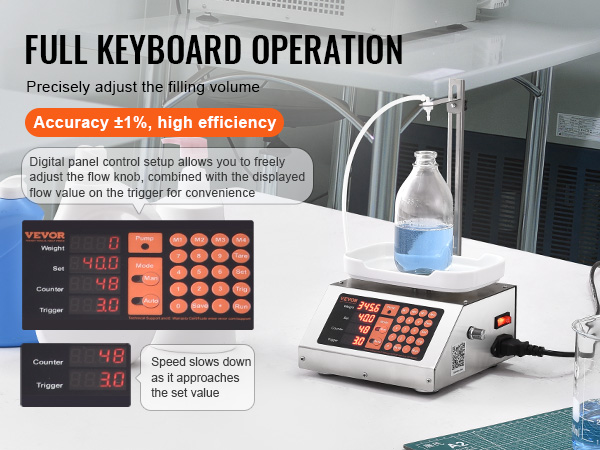 VEVOR liquid filling machine with digital panel control and full keyboard operation.