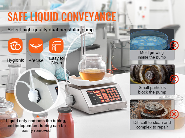 VEVOR liquid filling machine showcasing safe liquid conveyance with dual peristaltic pump and clean tubing.