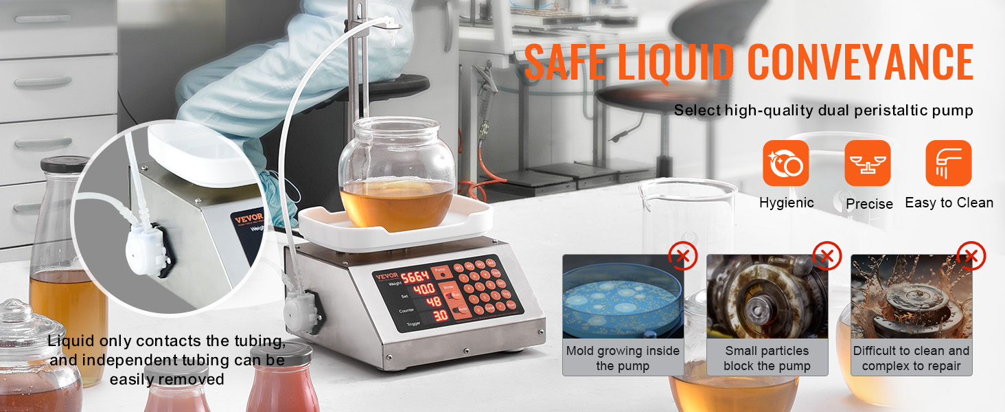 VEVOR liquid filling machine showcasing safe liquid conveyance with dual peristaltic pump and clean tubing.